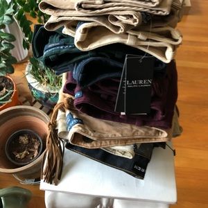 RL Jodhpur pants, cream with tan suede patchwork.